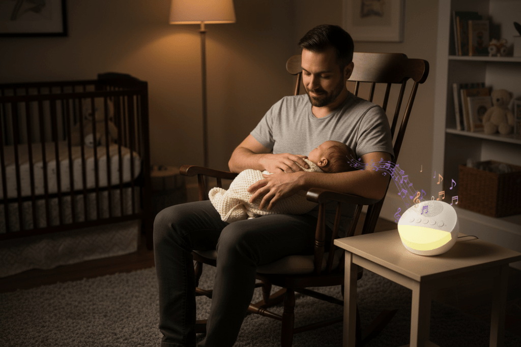 veilleuse musicale et lumineuse et Papa berce bébé machine bruit blanc