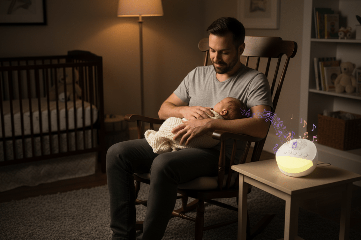 veilleuse musicale et lumineuse et Papa berce bébé machine bruit blanc