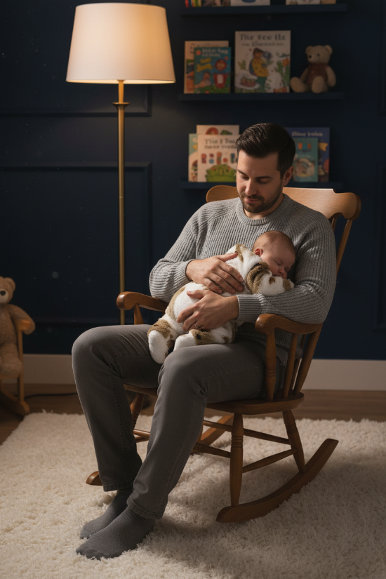 combinaison bebe ours assortiments dos Papa en chaise berçante avec bébé endormi