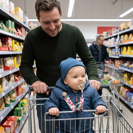 sucette clip Papa et bébé au supermarché avec attache-tétine