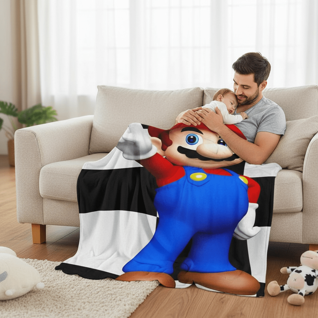 couverture Bébé et Papa et bébé sous couverture Mario noir et blanc