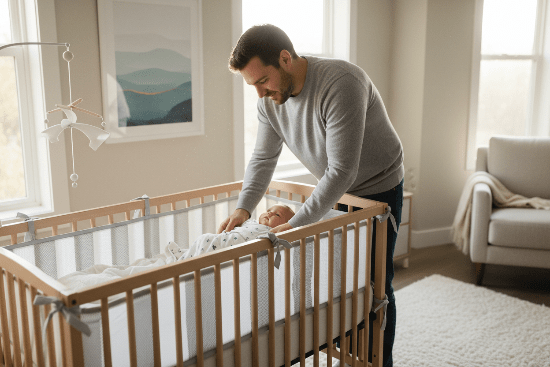 Tour de Lit Respirant Bébé - Sécurité & Aération Optimale Papa installant bébé dans lit avec tour de lit respirant