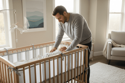 Tour de Lit Respirant Bébé - Sécurité & Aération Optimale Papa installant bébé dans lit avec tour de lit respirant