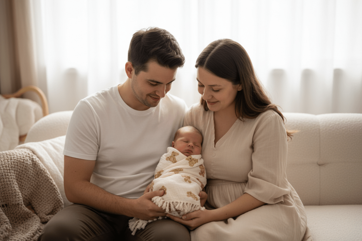 cocon emmaillotage Papa maman bébé endormi canapé couverture ourson