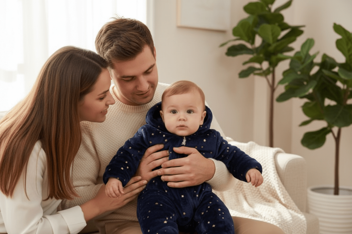 Combinaison bebe nounours Papa porte bébé maman sourit