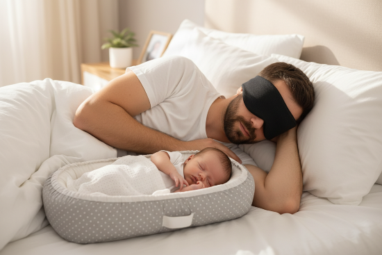 nid bebe et Papa relaxant avec masque près de bébé dans son nid