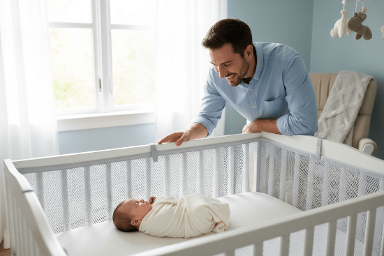 Tour de Lit Respirant Bébé - Sécurité & Aération Optimale Papa veillant sur bébé endormi avec tour de lit respirant
