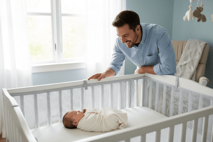 Tour de Lit Respirant Bébé - Sécurité & Aération Optimale Papa veillant sur bébé endormi avec tour de lit respirant