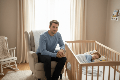Papa veillant sur enfant dormant avec oreiller animaux