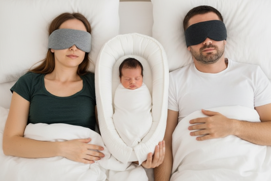 nid bebe et Parents avec masques et bébé dans nid douillet entre eux