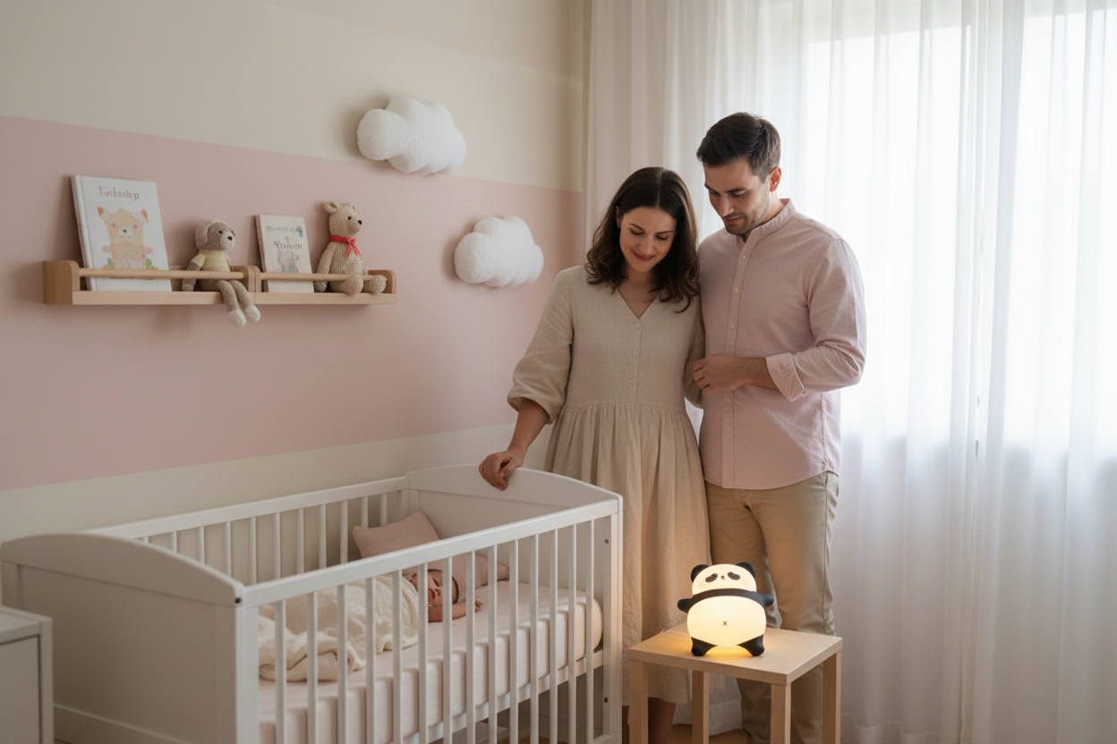 Parents regardant leur bébé dormir avec veilleuse panda