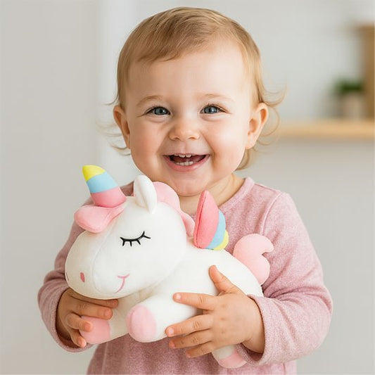  bebe Licorne peluche blanche et bebe sourire