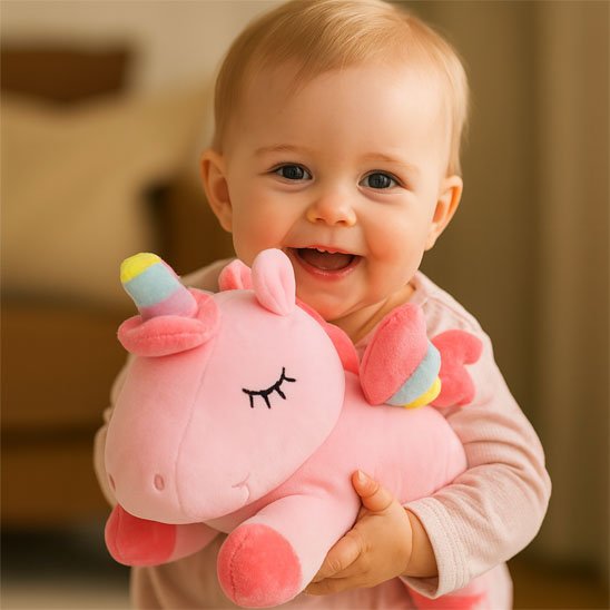 bebe Licorne peluche rose et joyeux