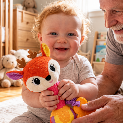 peluche d'éveil Gros plan carré du hochet biche avec bébé et grand-père