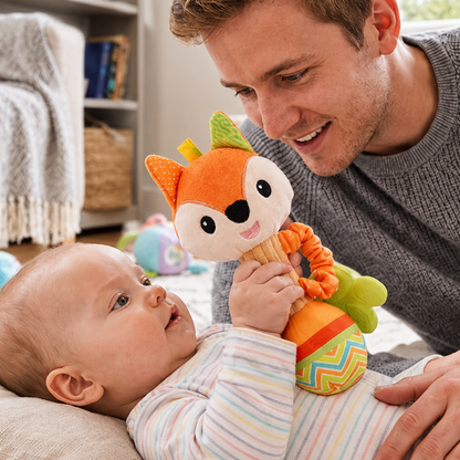 peluche d'éveil Gros plan carré du hochet renard avec papa et bébé allongé