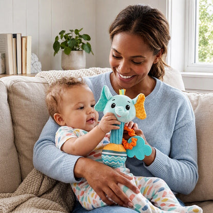 peluche d'éveil bebe qui est emerveille avec son elephant