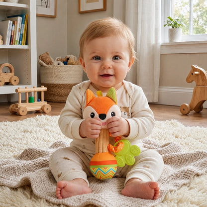 peluche d'éveil bebe qui sourit avec son renard
