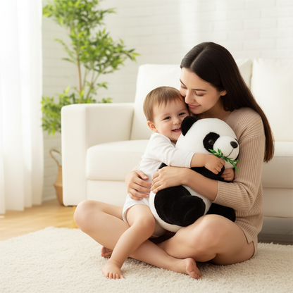 peluche pour bebe Maman pull beige tout-petit bras serre peluche panda salon scandinave