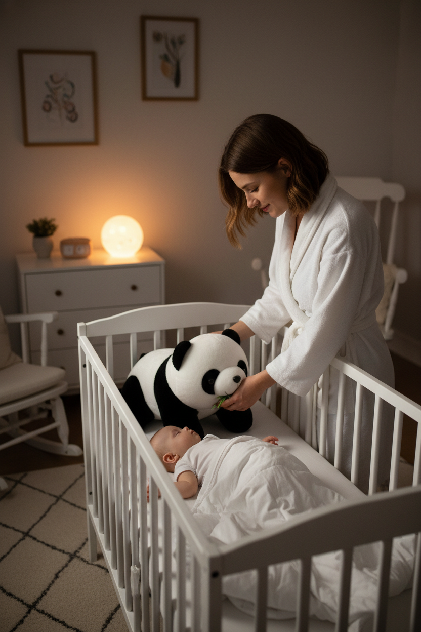 peluche pour bebe Maman robe nuit pose peluche panda lit bébé lumière douce