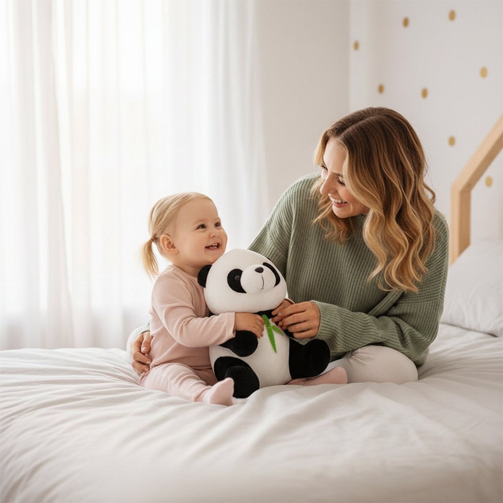 peluche pour bebe maman pull vert sauge bébé fille lit serre peluche panda matin