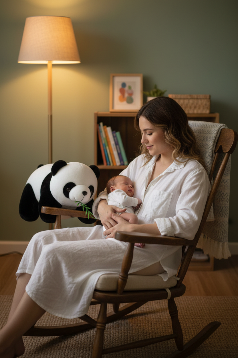 peluche pour bebe pelucheMaman robe blanche rocking chair nouveau-né peluche panda accoudoir