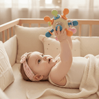 hochets bébé Petite fille avec bandeau dans son lit