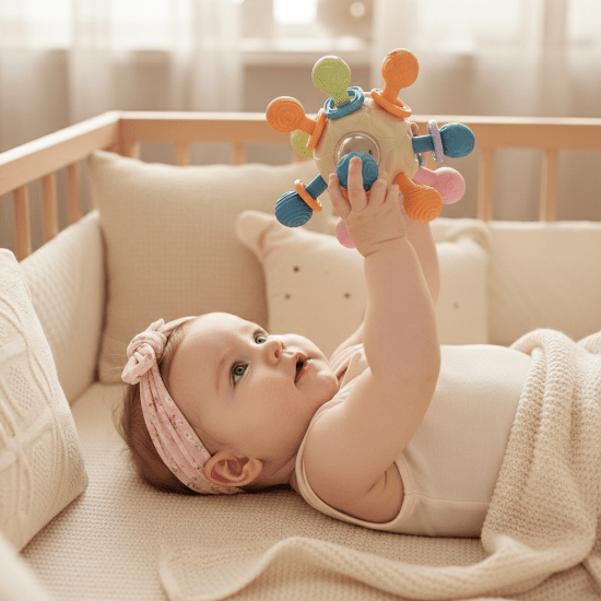 hochets bébé Petite fille avec bandeau dans son lit