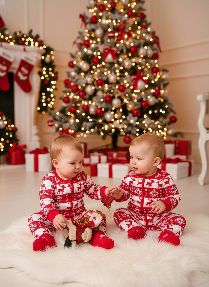 Petite fille et petit garçon en pyjamas de Noël
