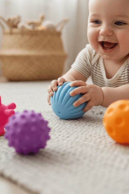 balle sensorielle bebe gros plan mains bébé balle bleue bokeh balles colorées