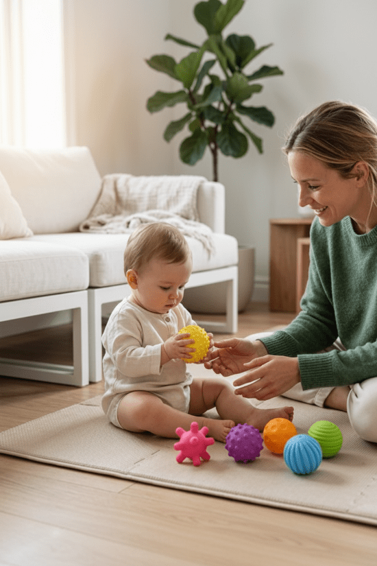 balle sensorielle bebe maman pull vert bébé assis balle jaune balles colorées