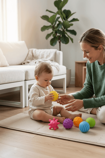 balle sensorielle bebe maman pull vert bébé assis balle jaune balles colorées