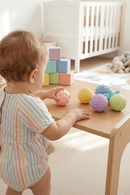 balles sensorielles bébé tout-petit table bois balles sensorielles pastel