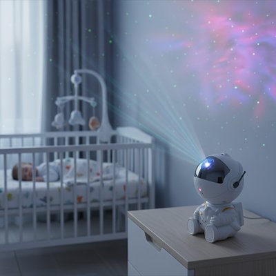 projecteur veilleuse cosmonautes sur table