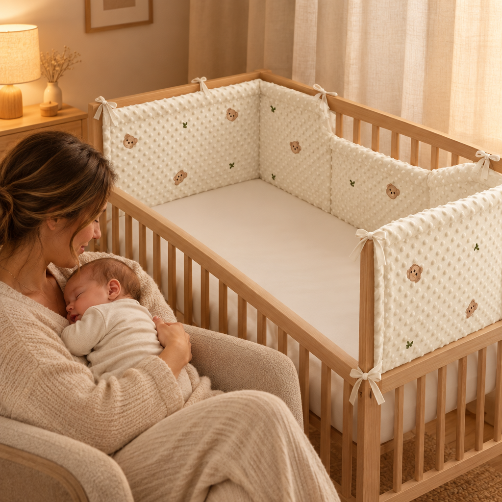 Protection à motifs oursons beiges avec maman et bébé dans une chambre cosy