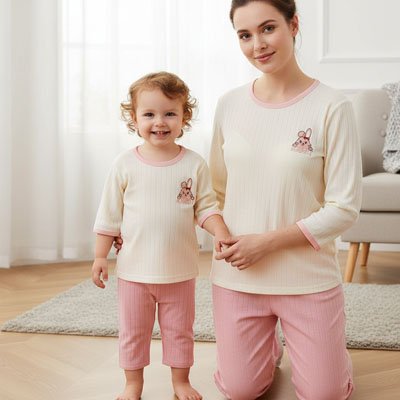 pyjama coton bebe fille et maman a genoux
