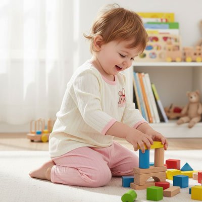 pyjama coton bebe fille qui joueavec des blocs
