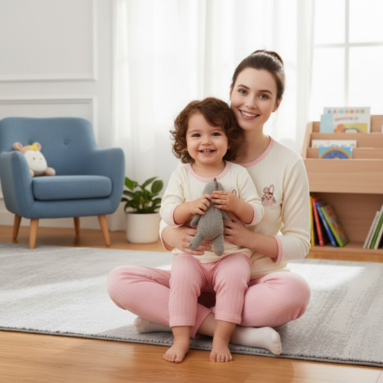 pyjama fille pas cher Bébé assise avec maman et doudou
