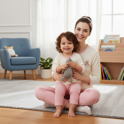 pyjama fille pas cher Bébé assise avec maman et doudou