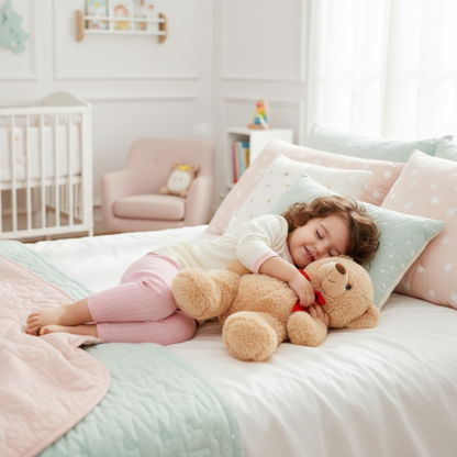 pyjama fille pas cher Fillette allongée avec doudou