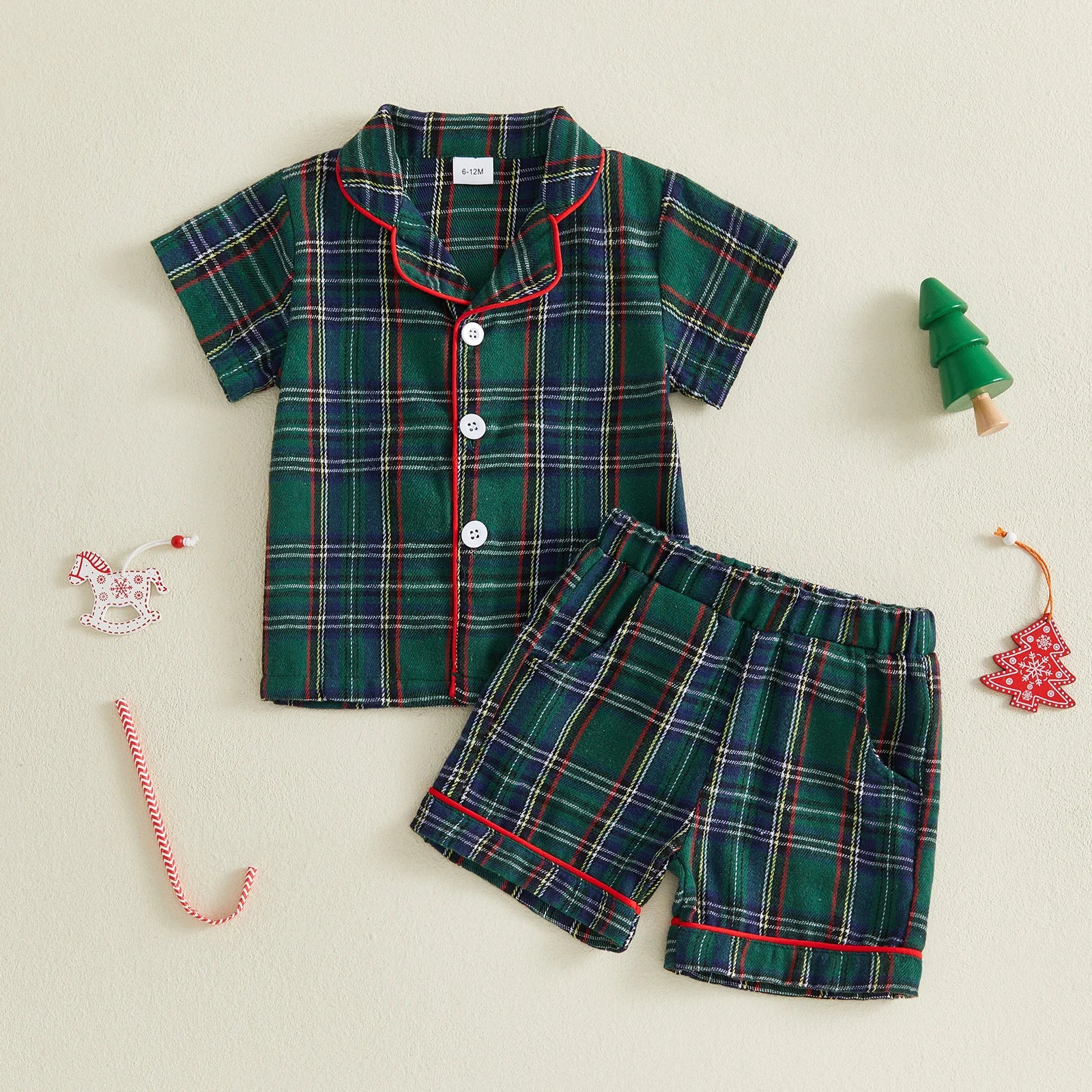 pyjama noel pour bebe duo chemise et manche carreaux chemise verte vertes et rouge et blanches 