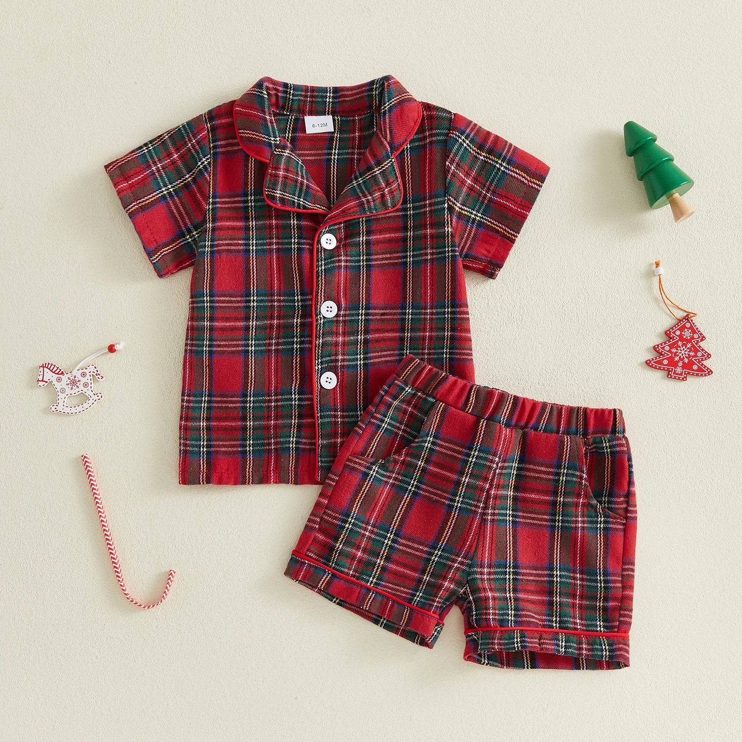 pyjama noel pour bebe manche vertes etcarreaux version de face chemise verte  rouge et blanche