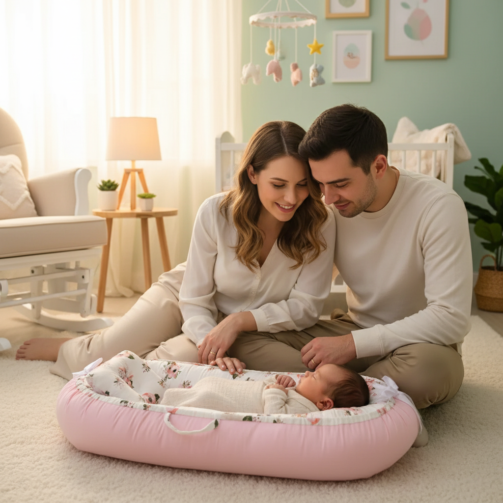Scène familiale avec bébé endormi