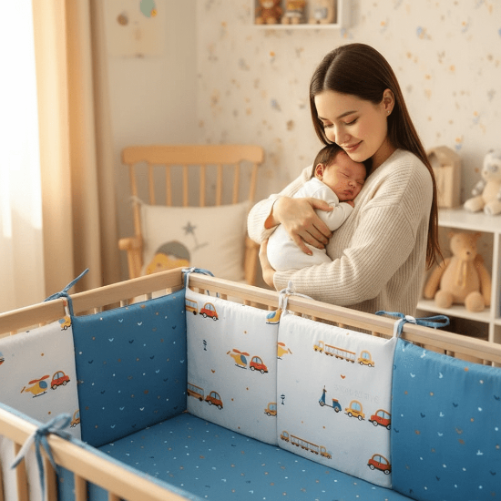 Tour de lit bleu Scène maman-bébé avec tour de lit bleu