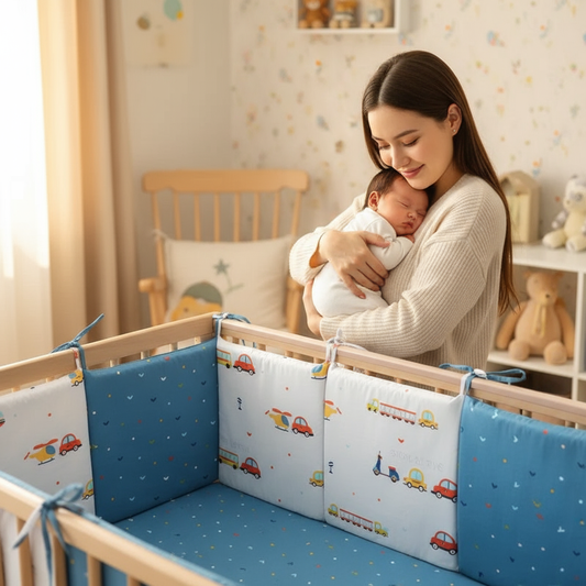 Scène maman-bébé avec tour de lit bleu