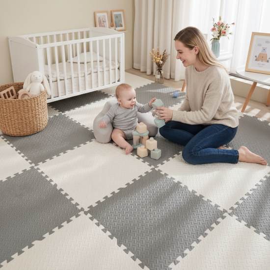tapis d'éveil bébé montessori Tapis puzzle gris-crème nursery