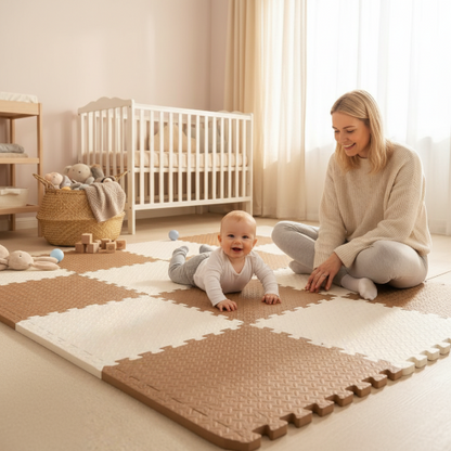 tapis d'éveil bébé montessori puzzle marron-beige nursery