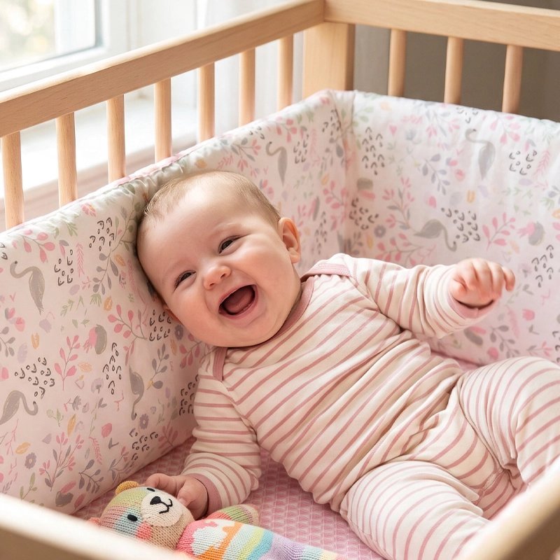 tour de lit bébé complet fille qui sourit