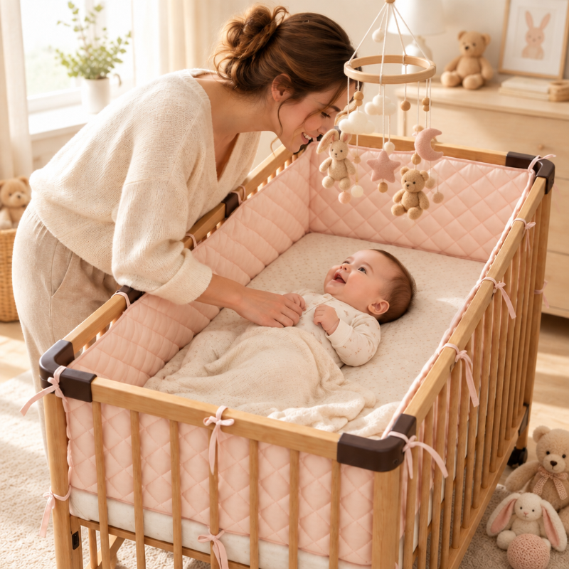 tour de lit respirant Maman et bébé, réducteur rose, avec mobile et toutous