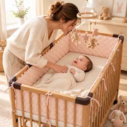 tour de lit respirant Maman et bébé, réducteur rose, avec mobile et toutous