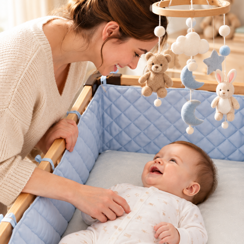 tour de lit respirant bleu, avec mobile et toutous Plan rapproché, maman et bébé, réducteur bleu, mobile et toutous